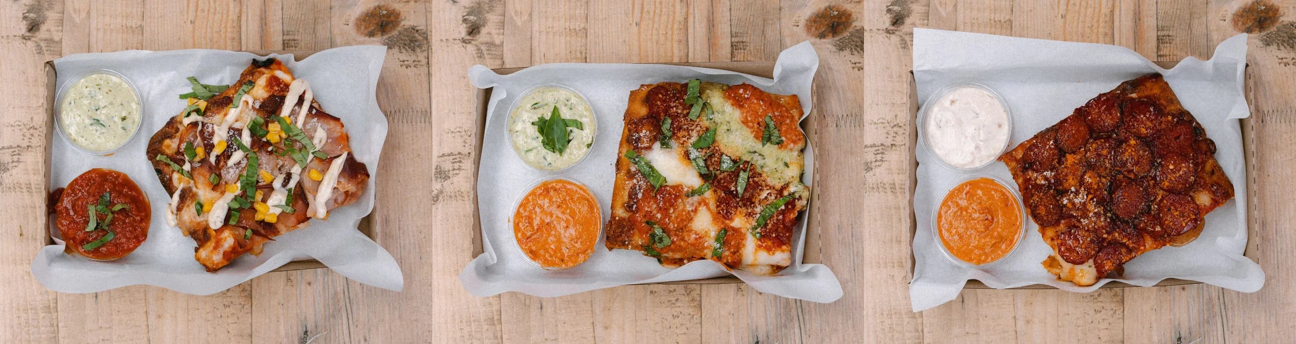 Three Pizza Yolo Detroit Style Pizza boxes with dips, side by side — Ham & Corn, Trio and Pepperoni